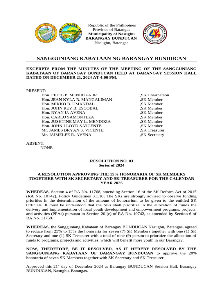 SK Honorarium Resolution for 2025 | PDF | Youth Organizations