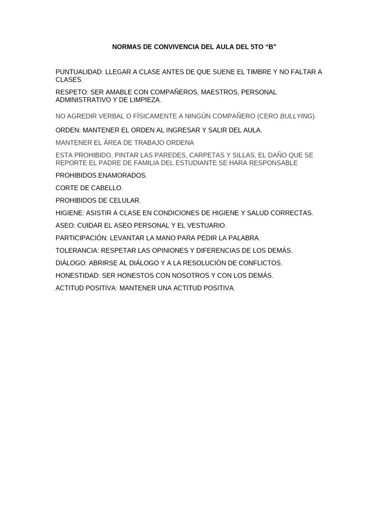 Normas de Convivencia 5to Grado B | PDF