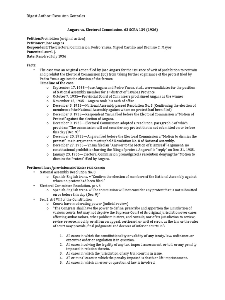 Angara v. Electoral Commission Case Summary | PDF | Jurisdiction ...