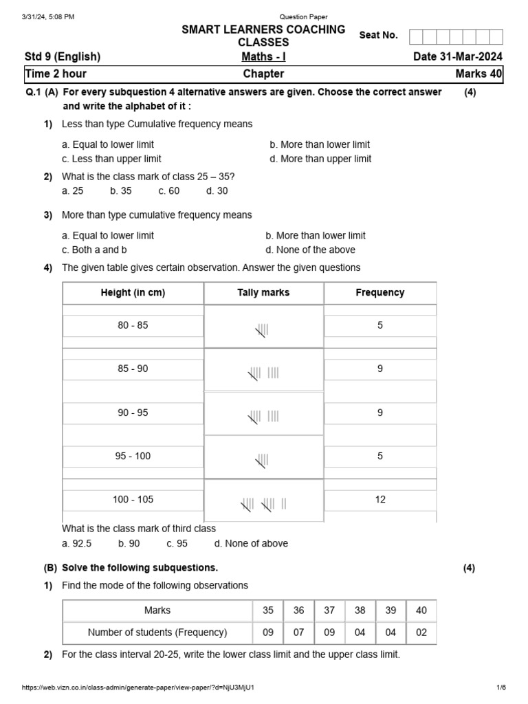 9th Grade Maths Statistics Question Paper | PDF