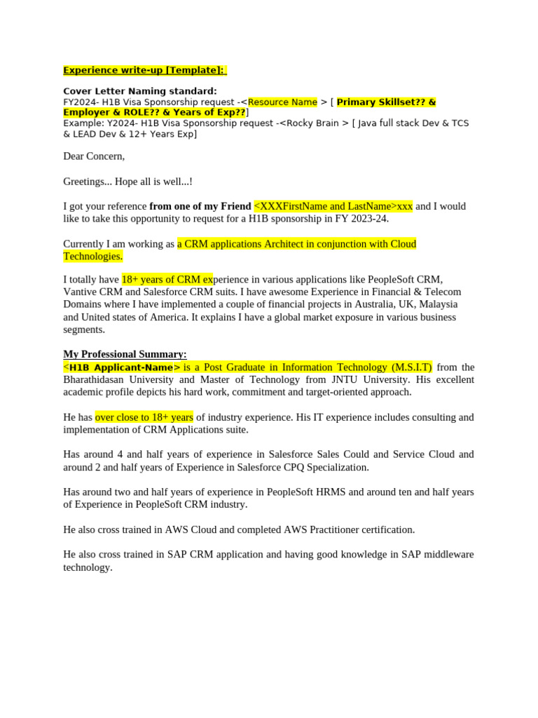 H1B Visa Sponsorship Request Template | PDF | Oracle Corporation ...