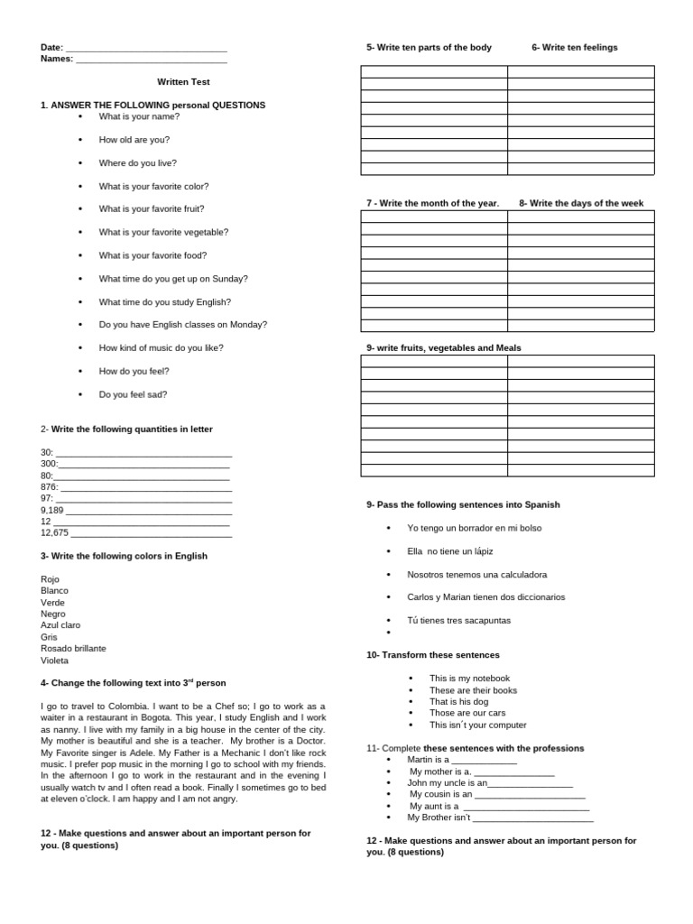 English Language Written Test Template | PDF
