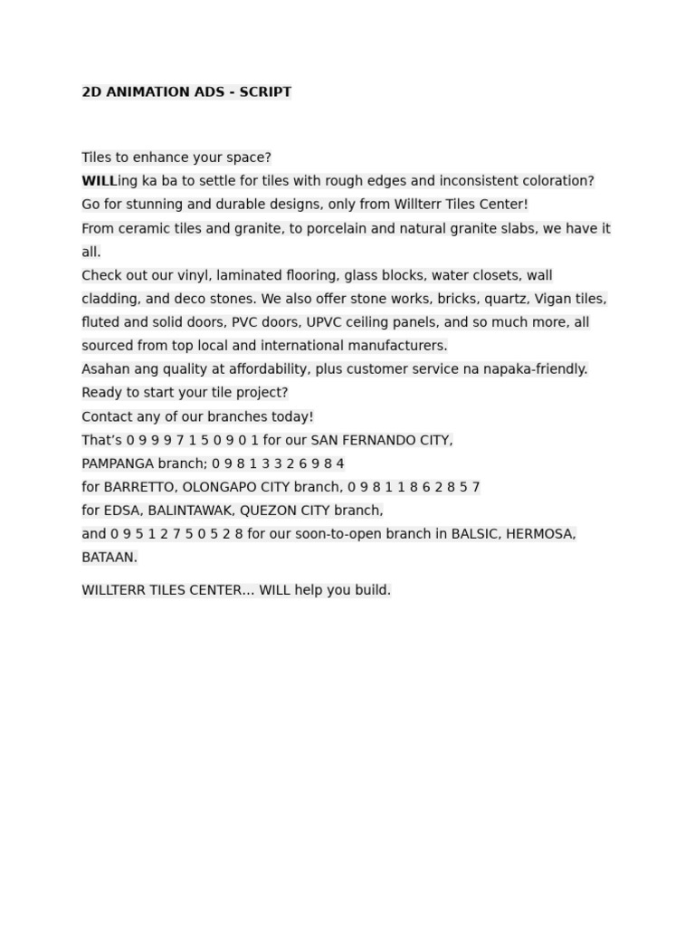 Willterr Tiles Center Advertisement Script | PDF