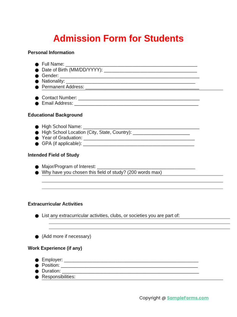 Student Admission Form Template | PDF
