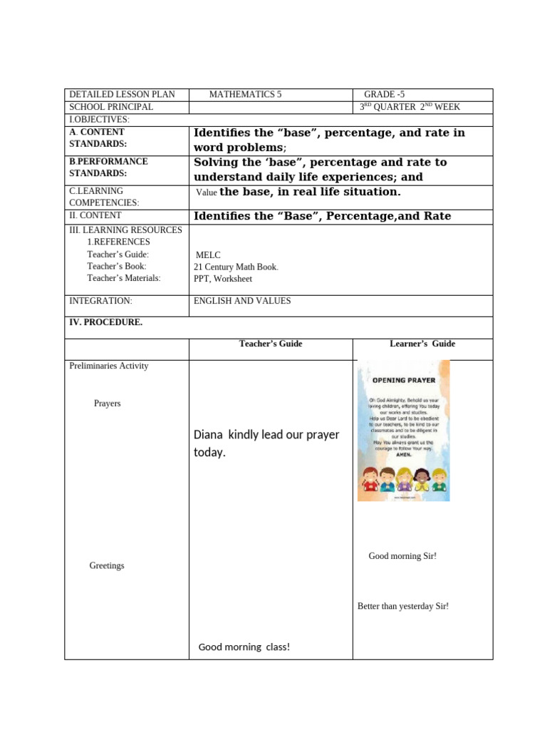 Grade 5 Math Lesson Plan: Base, Rate, Percentage | PDF | Learning