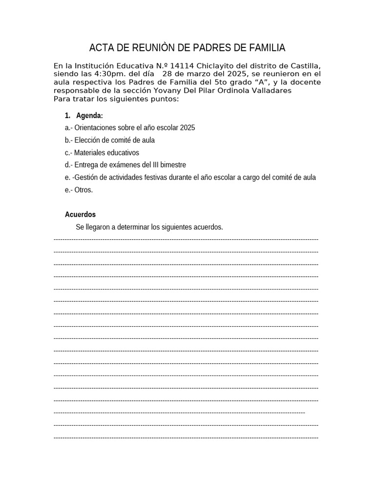 Acta de Reuniòn de Padres de Familia | PDF
