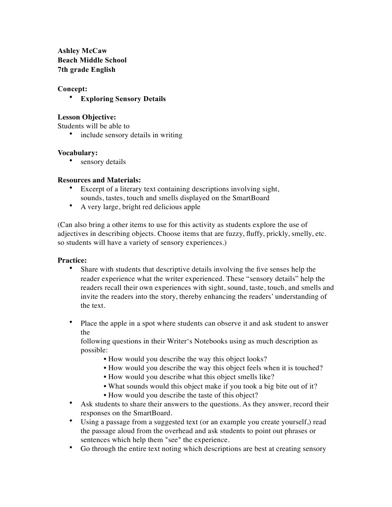 Worksheets Sensory Details Worksheet sensory details lesson plan senses perception