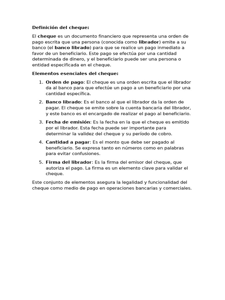 Definición y elementos del cheque | PDF