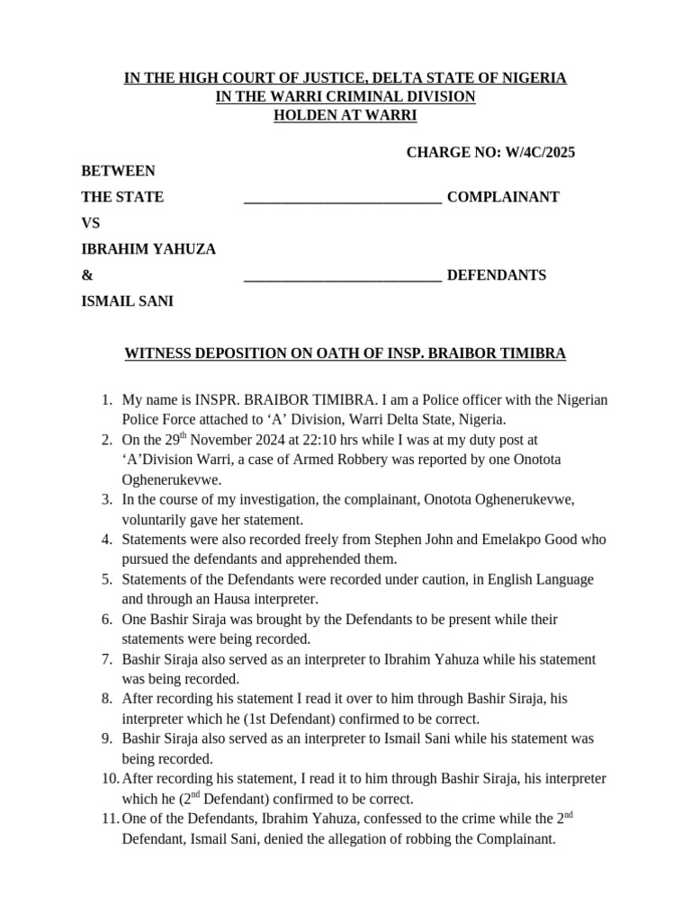 Witness Deposition in Warri Armed Robbery Case | PDF | Crimes | Crime ...