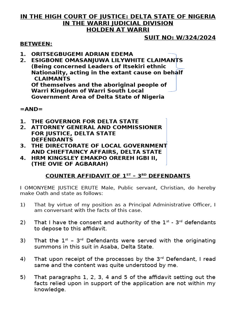 Counter Affidavit (Edema V.governor of Delta State) - 1 | PDF | Common ...
