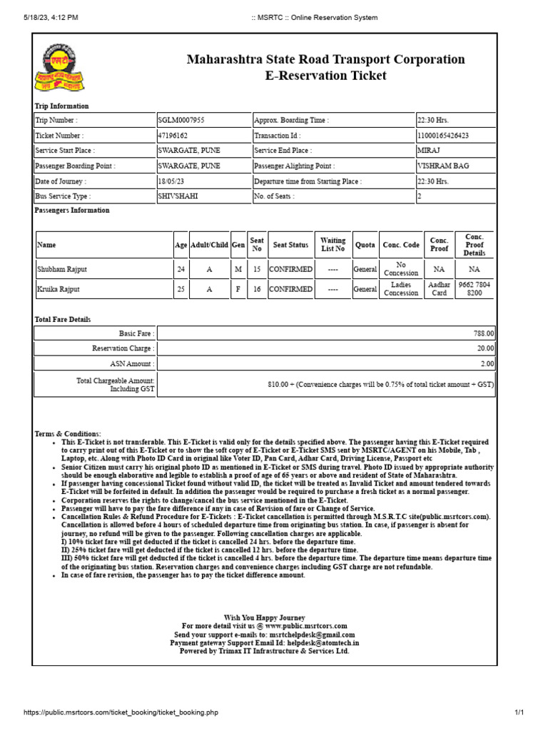 MSRTC PDF Fare Public Transport