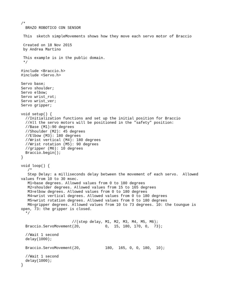 Braccio Robot Arm Servo Control Code | PDF