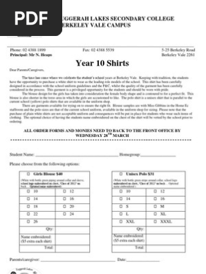 Year10 Shirt Order Form