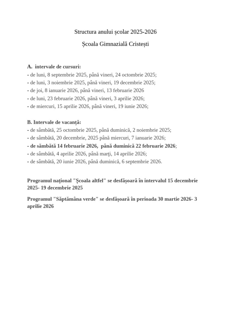 Structura Anului Scolar 2025-2026 | PDF