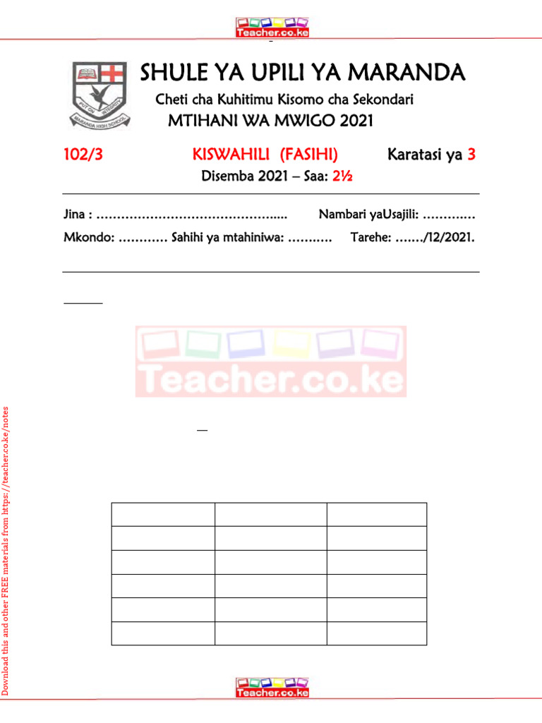 2022 Maranda Mock 102 KISWAHILI P3 QS Teacher - Co .Ke | PDF