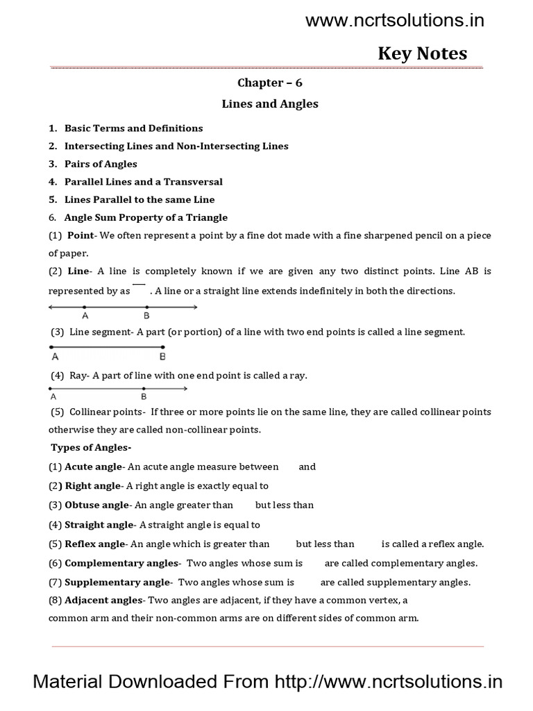 09_maths_key_notes_ch_06_lines_and_angles | PDF | Line (Geometry) | Angle