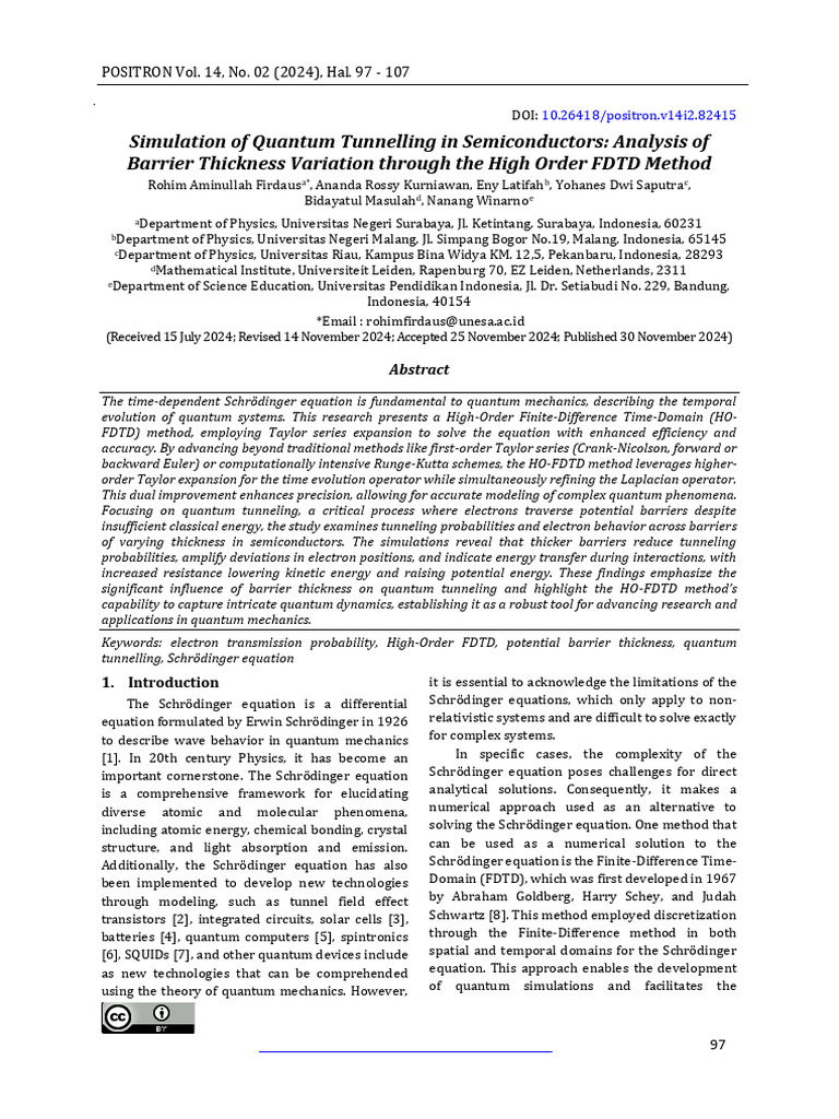 Quantum Tunneling in Semiconductors Simulated | PDF | Schrödinger ...