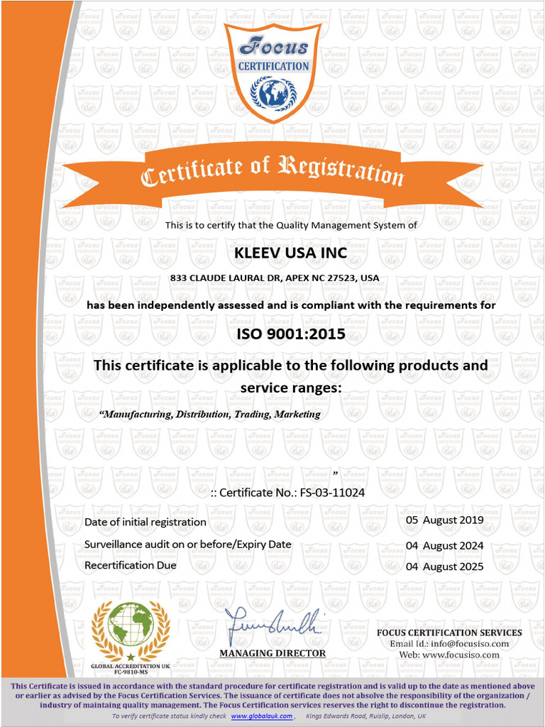 Kleev-USA-ISO-9001-2015-Valid-4.8.2024 | PDF