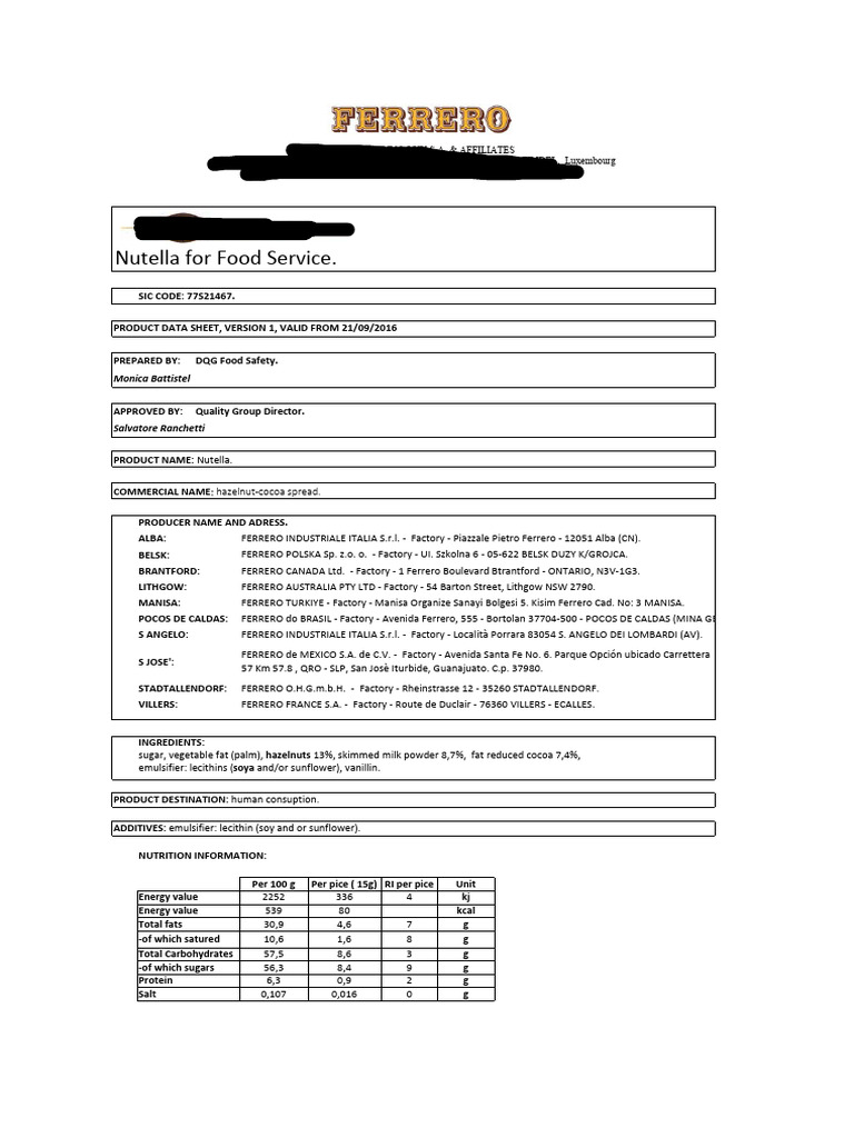 Nutella Food Service Product Data Sheet | PDF | Foods