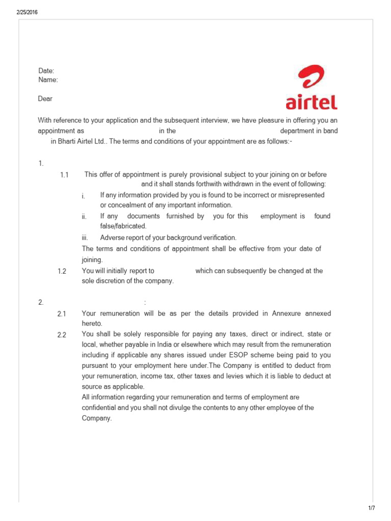 Airtel IT Account Manager Offer Letter | PDF | Employment ...