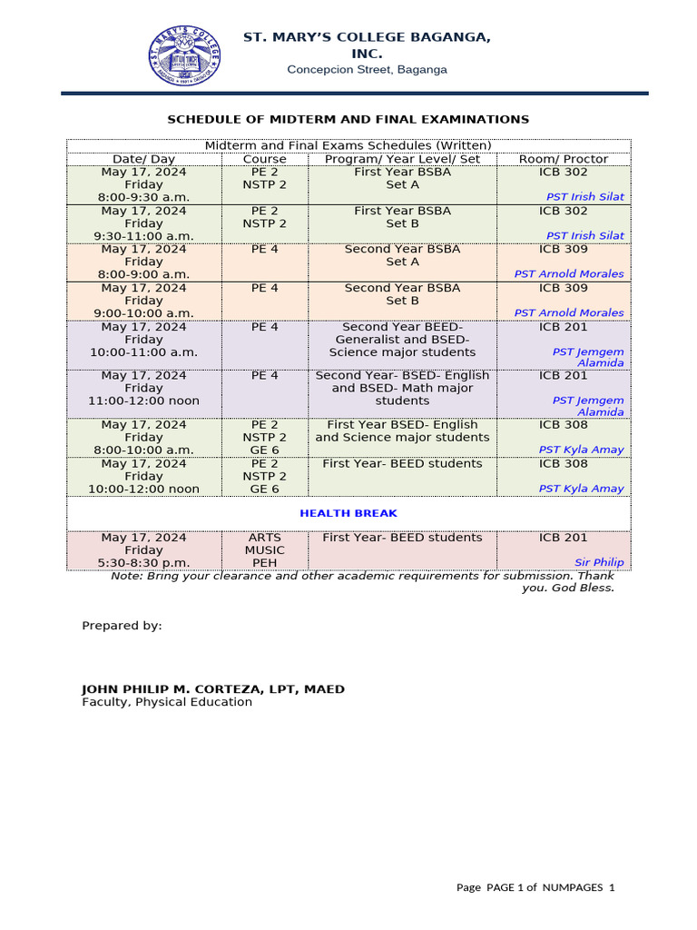 Midterm and Final Exam Schedule 2024 | PDF