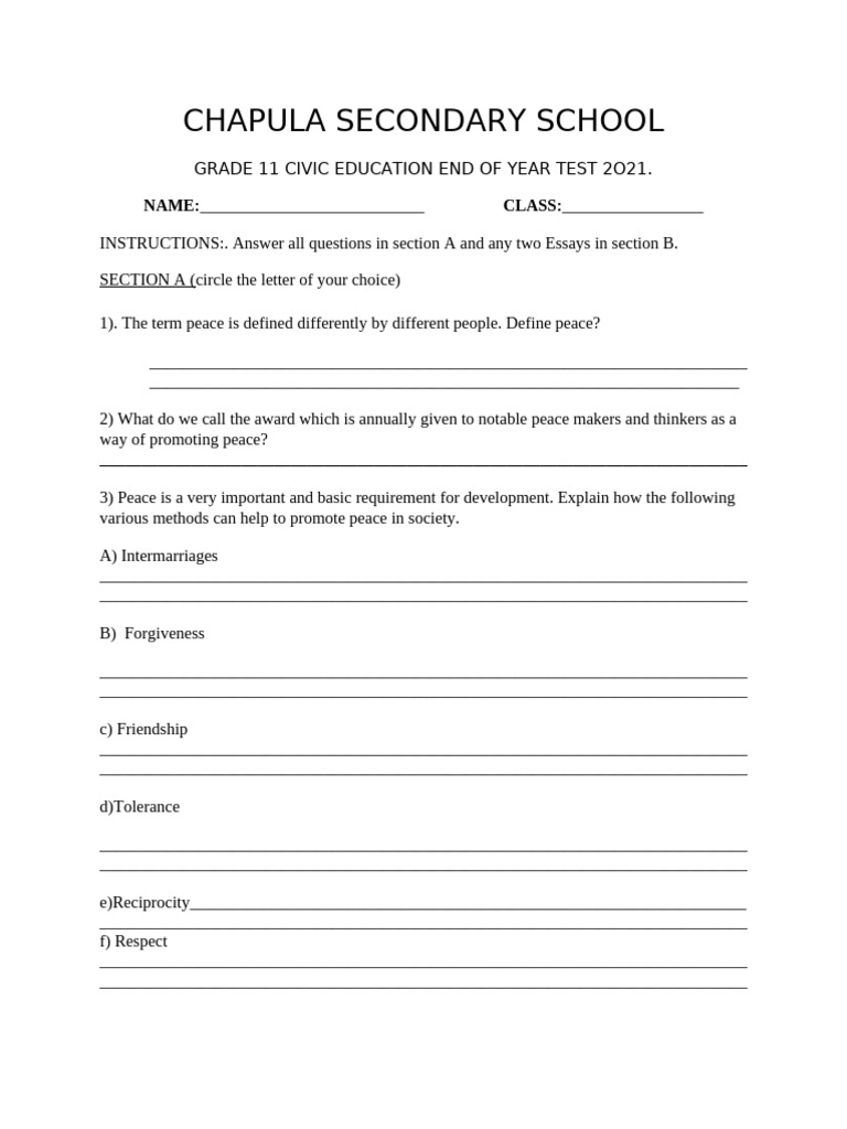 Grade 11 Civic Education Test 2021 | PDF | Peace | Conflict Resolution