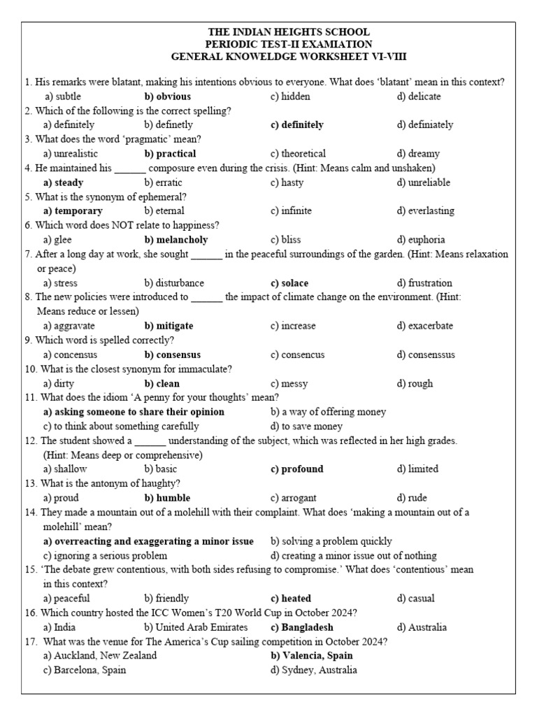 GK Worksheet for Classes VI-VIII | PDF | Jawaharlal Nehru