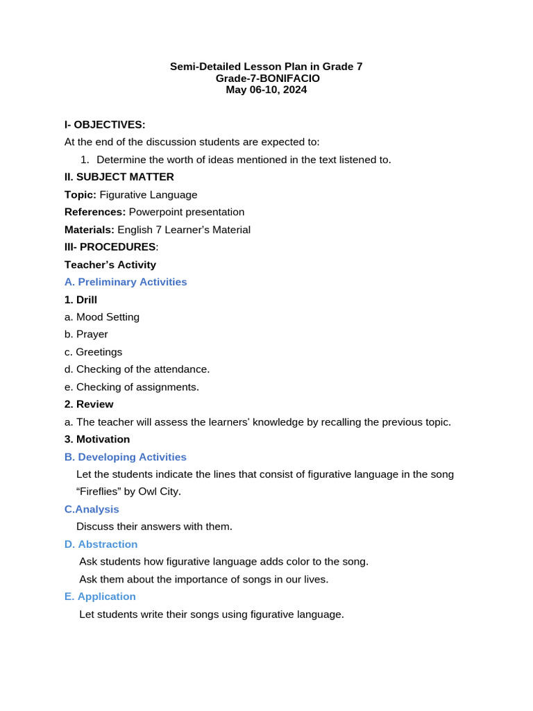 Grade 7 Lesson Plan: Figurative Language | PDF