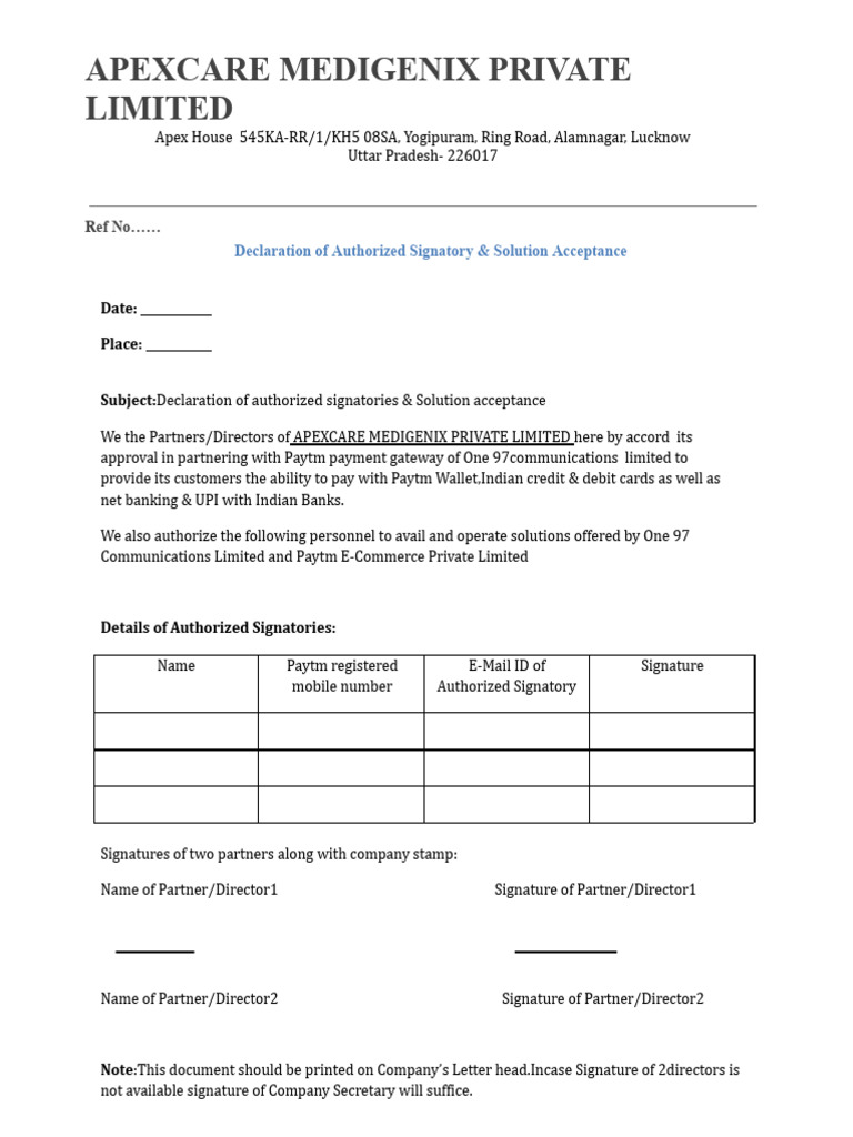 Paytm Gateway Partnership Declaration | PDF