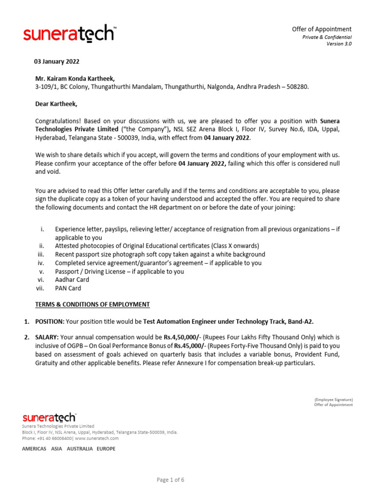 Sunera Technologies Appointment Offer | PDF | Employment | Workweek And ...