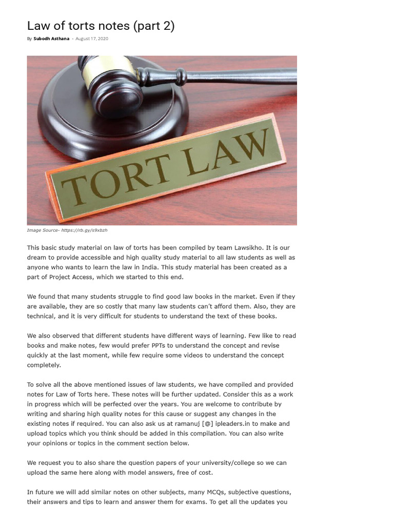 Law of Torts Study Notes Part 2 | PDF | Damages | Tort