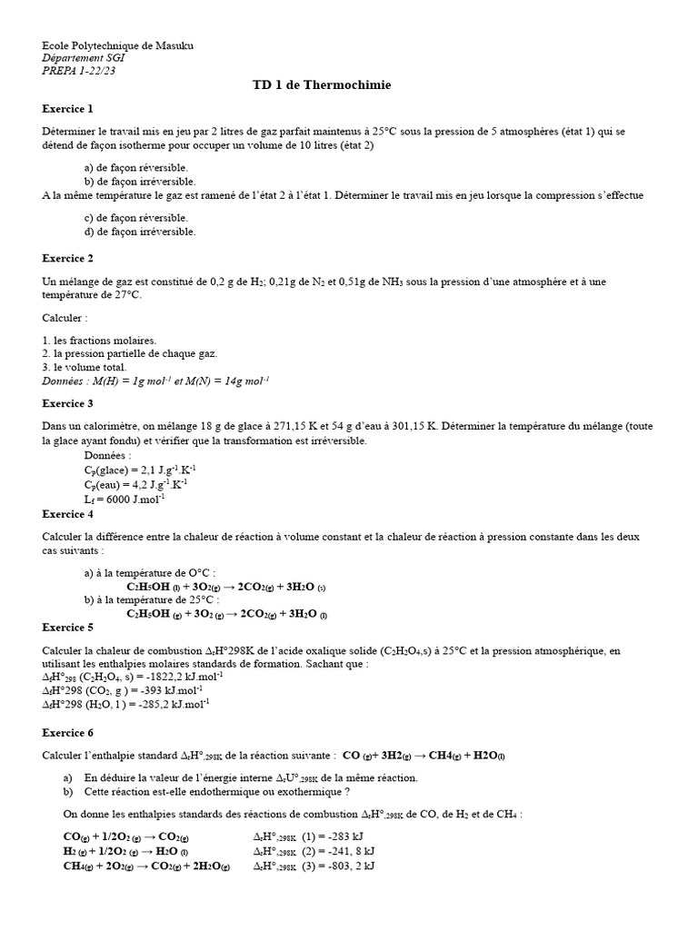 Exercices de Thermochimie en Prépa 1 | PDF | Quantité | Thermodynamique