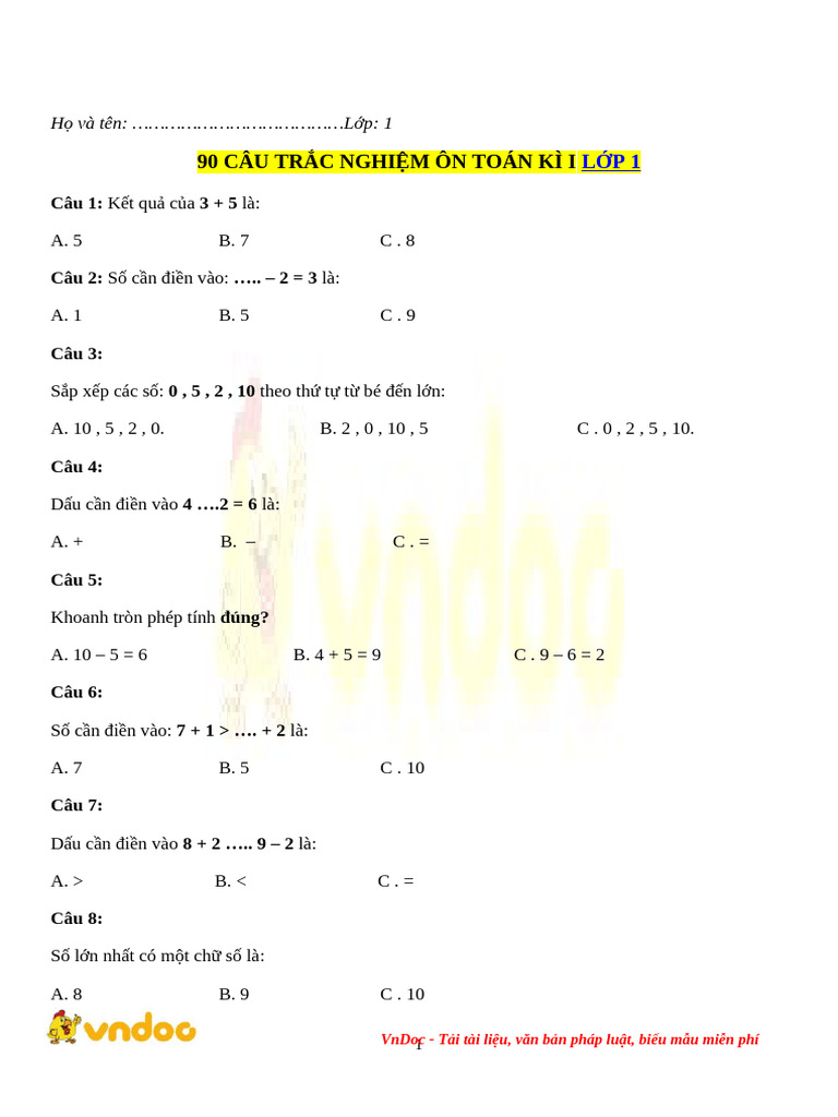 90 Cau Trac Nghiem On Toan Lop 1 Hoc Ki 1 | PDF