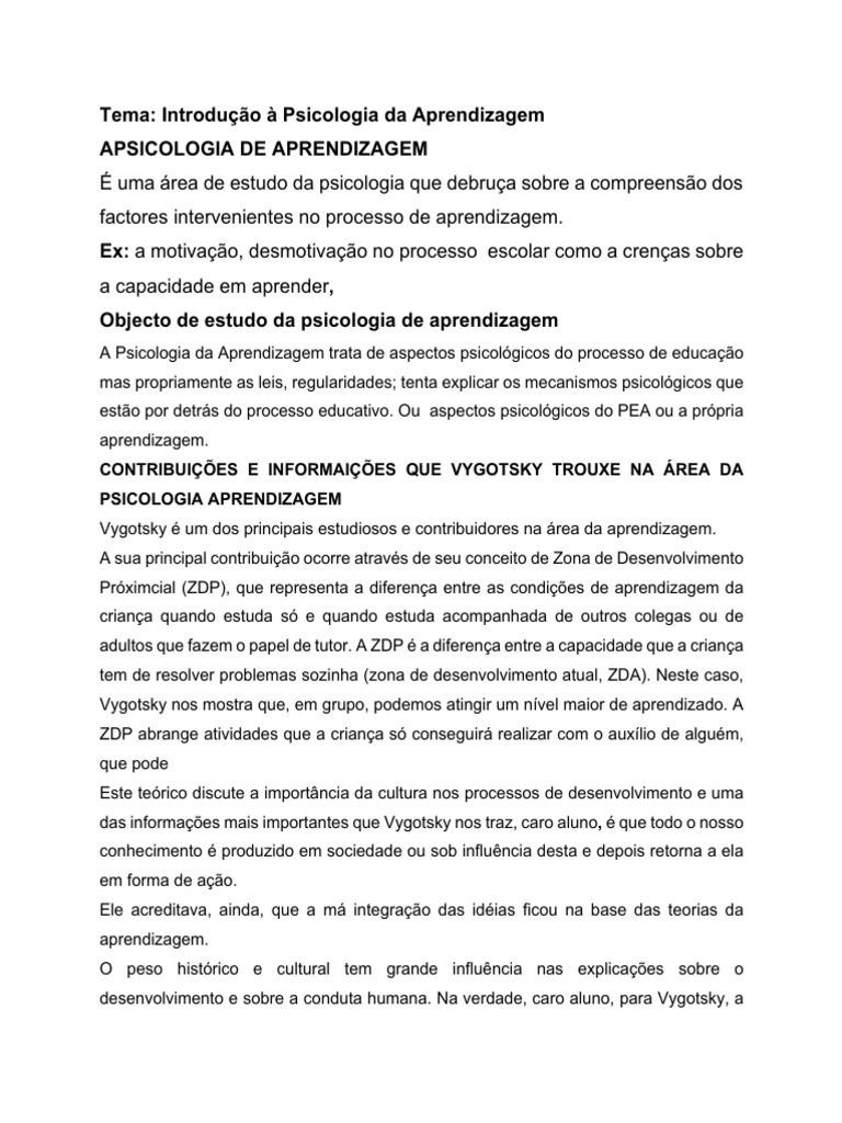 Psicologia da Aprendizagem e Vygotsky | PDF | Aprendizado | Psicologia
