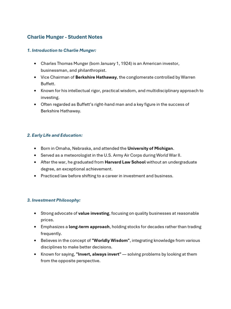 Charlie Munger's Investment Philosophy | PDF | Warren Buffett | Psychology