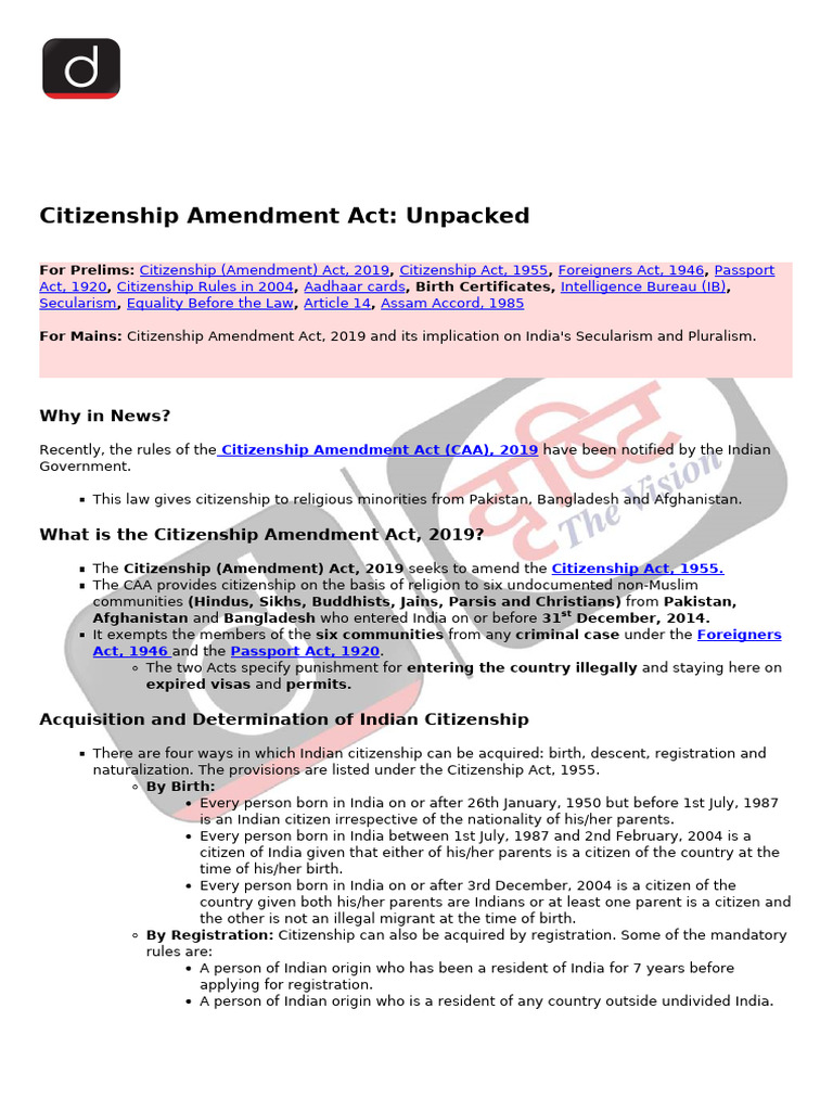 CAA Drishti notes | PDF | Naturalization | Government And Personhood