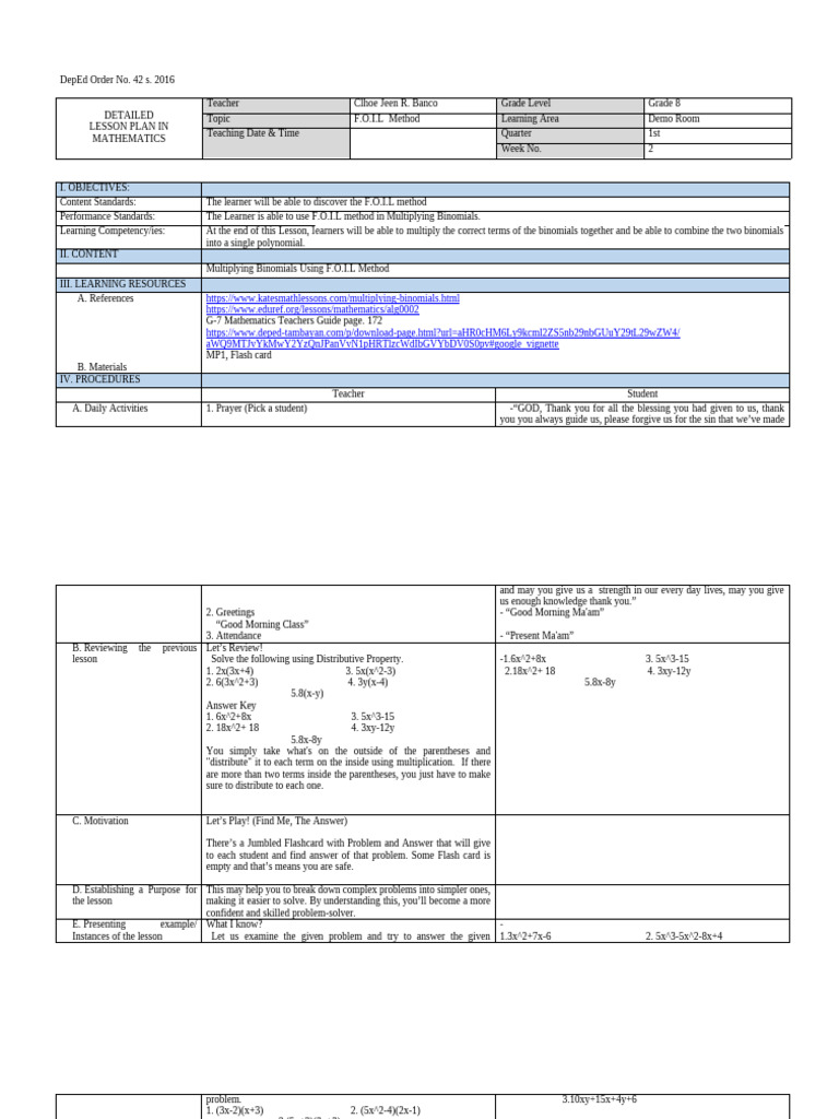 Grade 8 F.O.I.L Method Lesson Plan | PDF | Lesson Plan | Learning