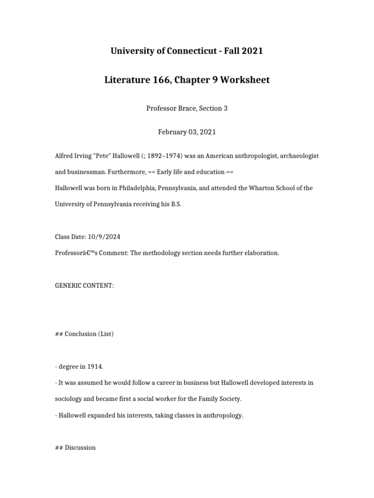 Literature 166 Chapter 9 Worksheet | PDF | Anthropology | Ethnography