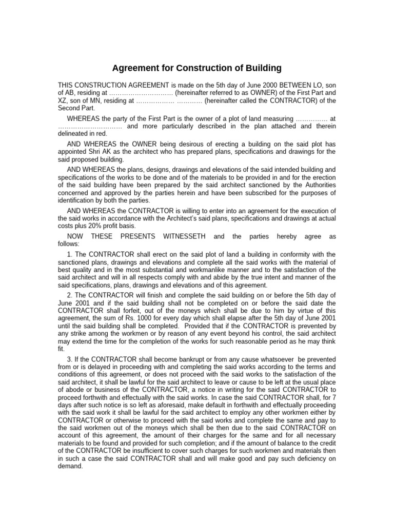 Building Construction Agreement Template | PDF | Leasehold Estate | Damages