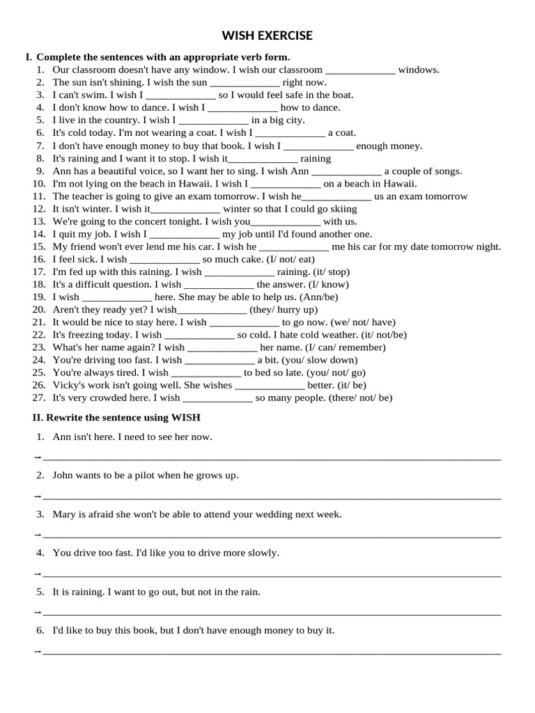 WISH Exercise: Verb Forms Practice | PDF