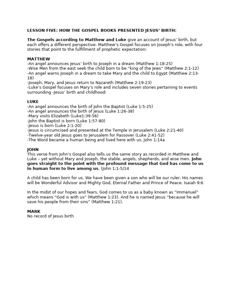 Lesson Five How The Gospel Books Presented Jesusbirth | PDF