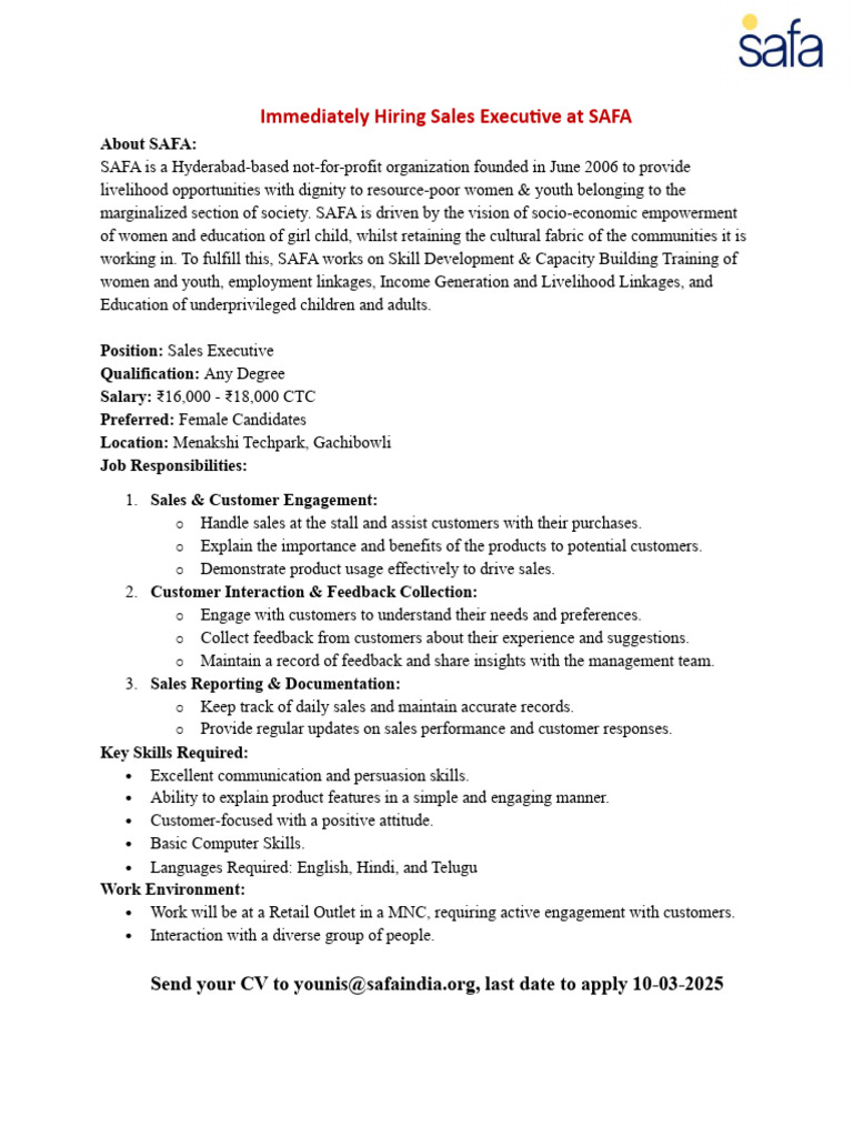 Sales Executive Position at SAFA | PDF