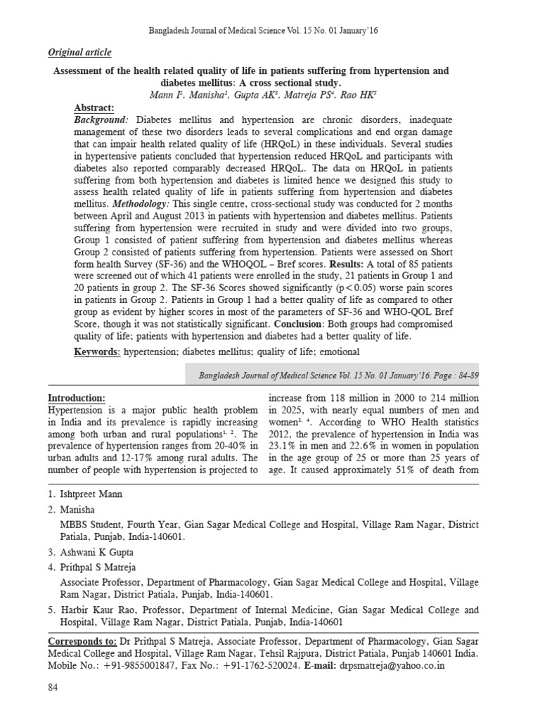 Health Quality of Life in Hypertension & Diabetes | PDF | Hypertension ...