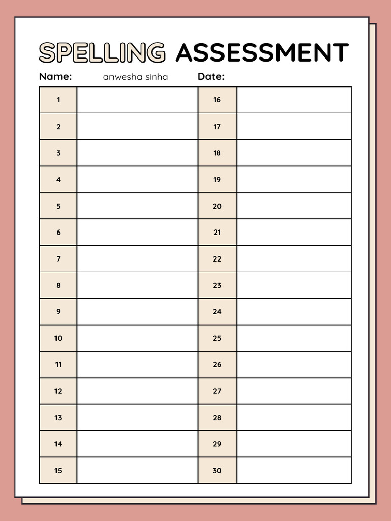 Spelling Assessment English Worksheet Pink Cream Table | PDF