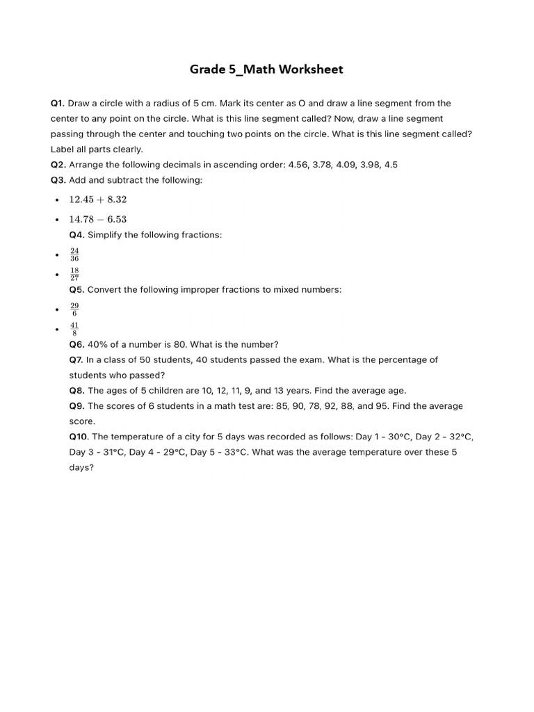 Grade 5 - Math Worksheet | PDF