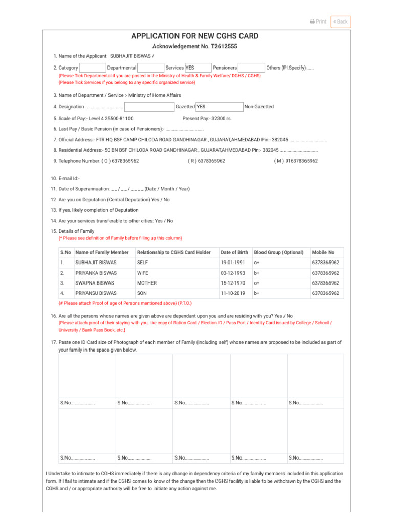 New CGHS Card Application Form | PDF