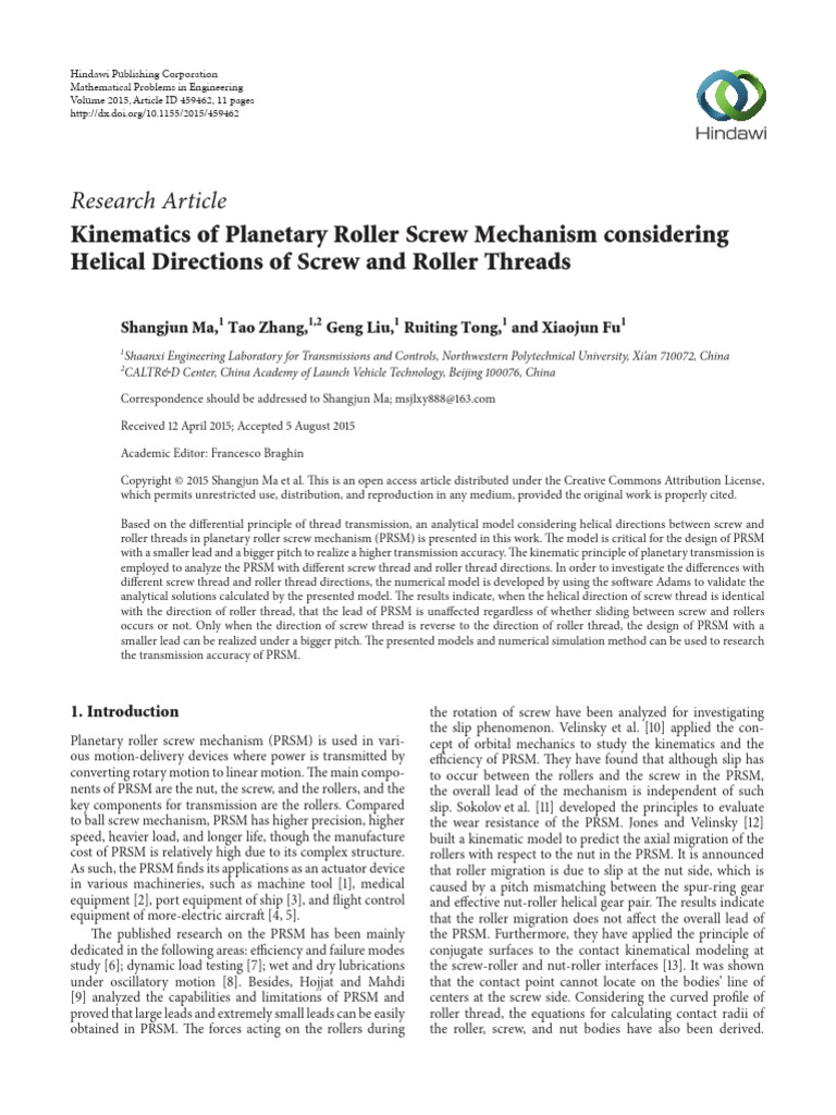 Kinematics of Planetary Roller Screw Mechanism Considering Helical ...