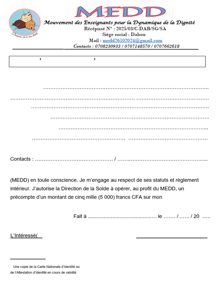 Nouvelle Fiche D'adhesion MEDD | PDF