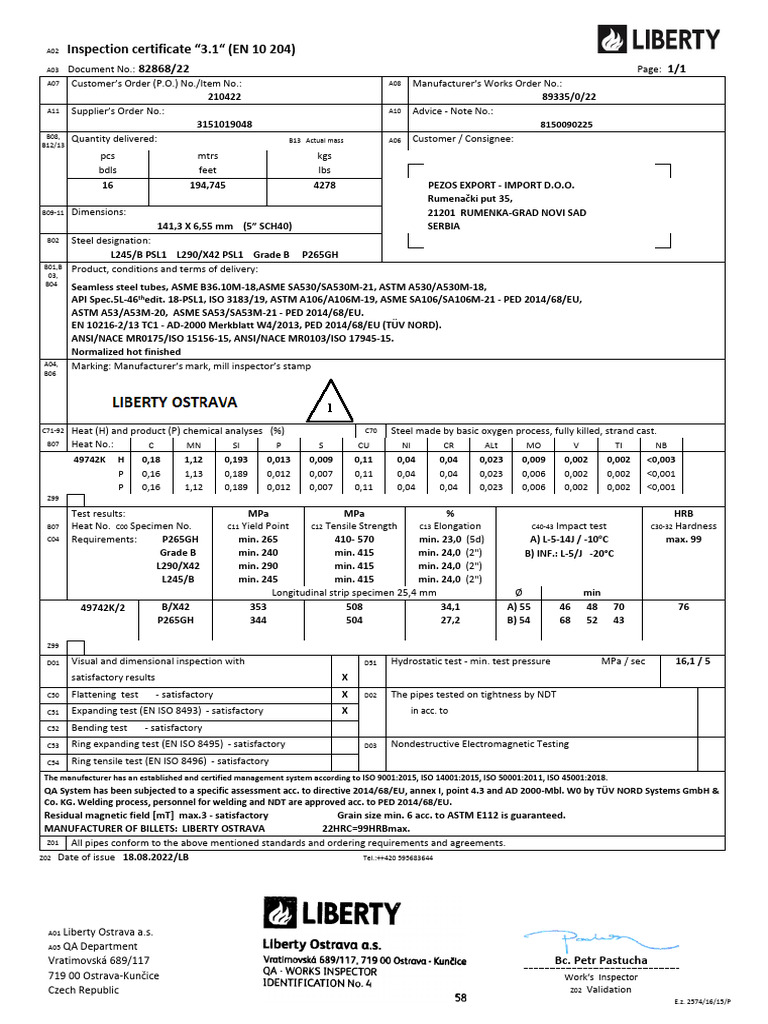 Seamless Steel Tube Inspection Certificate | PDF