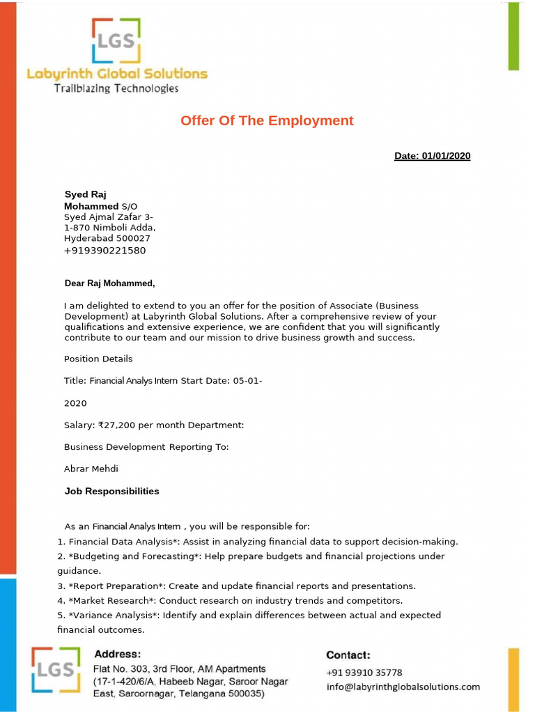 Employment Offer for Business Development Intern | PDF | Employment ...